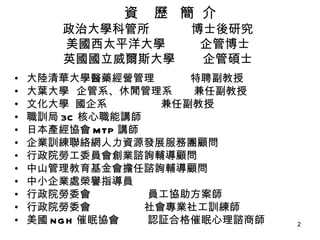 資  歷  簡  介   政治大學科管所  博士後研究 美國西太平洋大學  企管博士 英國國立威爾斯大學  企管碩士 大陸清華大學醫藥經營管理  特聘副教授 大葉大學  企管系、休閒管理系  兼任副教授 文化大學  國企系  兼任副教授 職訓局 3C 核心職能講師 日本產經協會 MTP 講師 企業訓練聯絡網人力資源發展服務團顧問 行政院勞工委員會創業諮詢輔導顧問 中山管理教育基金會擔任諮詢輔導顧問 中小企業處榮譽指導員 行政院勞委會  員工協助方案師 行政院勞委會  社會專業社工訓練師 美國 NGH 催眠協會  認証合格催眠心理諮商師 