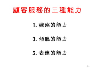 顧客服務的三種能力 觀察的能力 傾聽的能力 表達的能力 