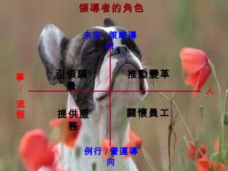 領導者的角色 人 事 / 流程 未來 / 策略導向 推動變革 關懷員工 引領願景 例行 / 營運導向 提供服務 