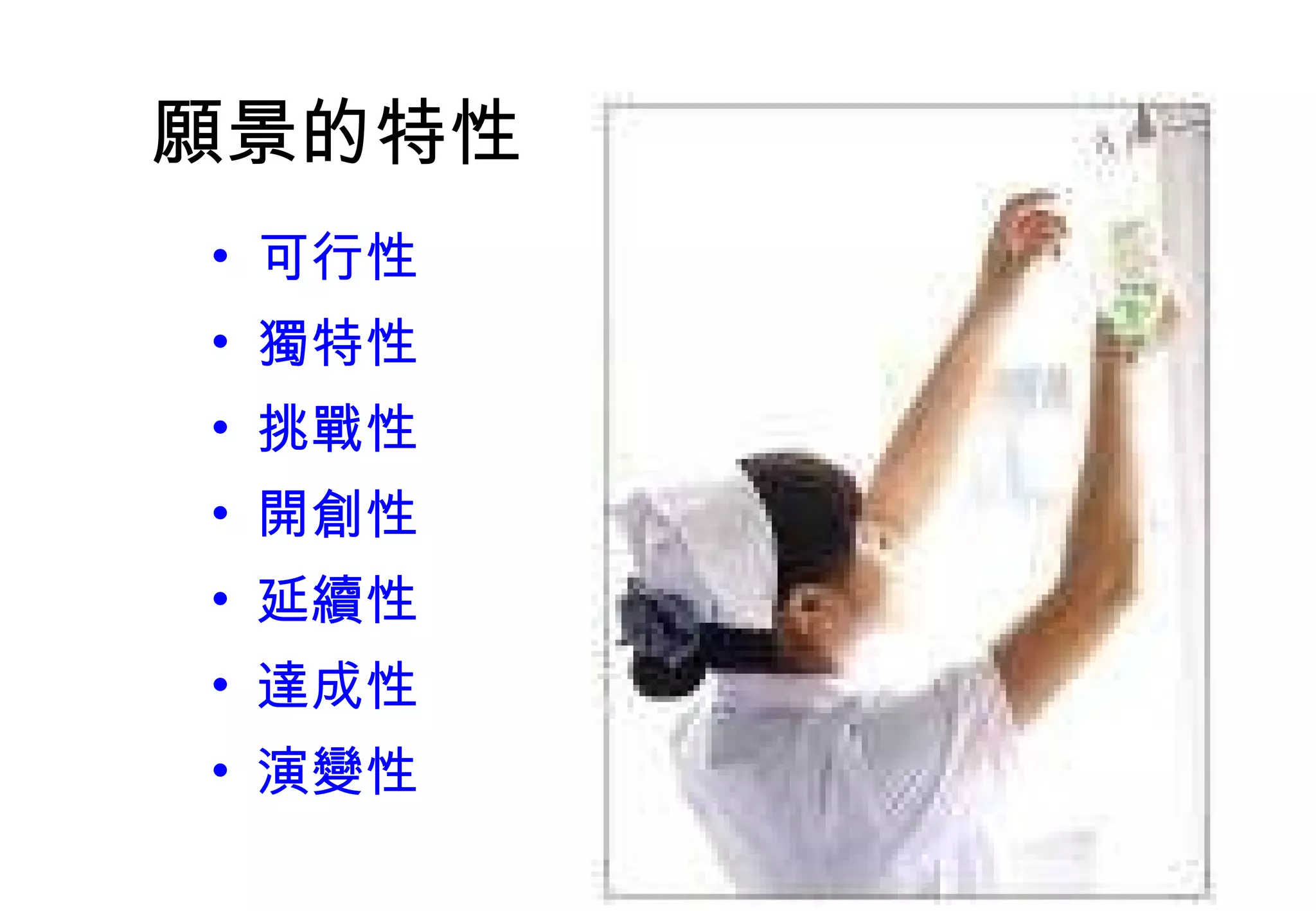 願景的特性 可行性 獨特性 挑戰性 開創性 延續性 達成性  演變性 