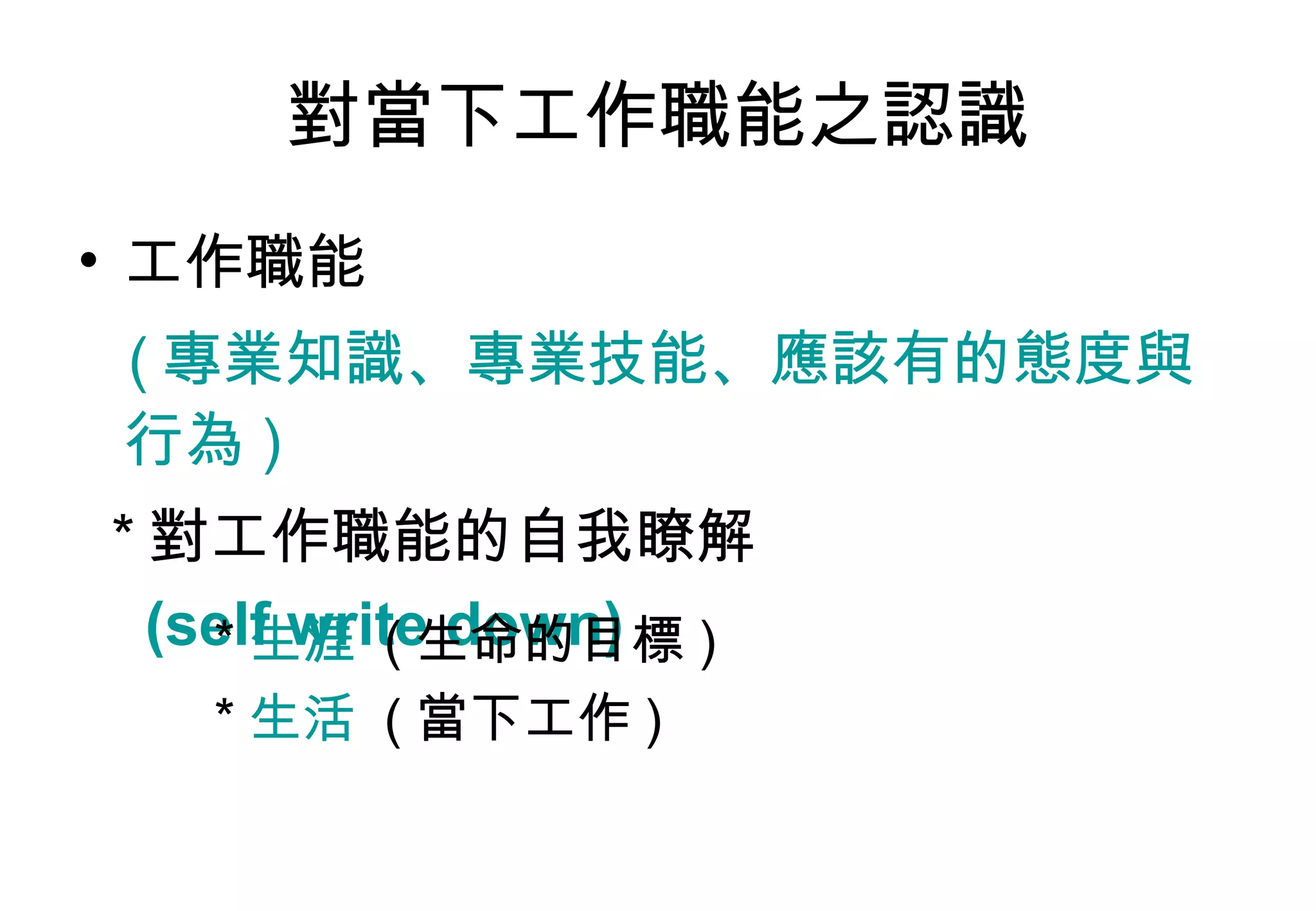 對當下工作職能之認識 工作職能 ( 專業知識、專業技能、應該有的態度與行為 ) * 對工作職能的自我瞭解 (self write down) * 生涯  ( 生命的目標 ) * 生活  ( 當下工作 ) 