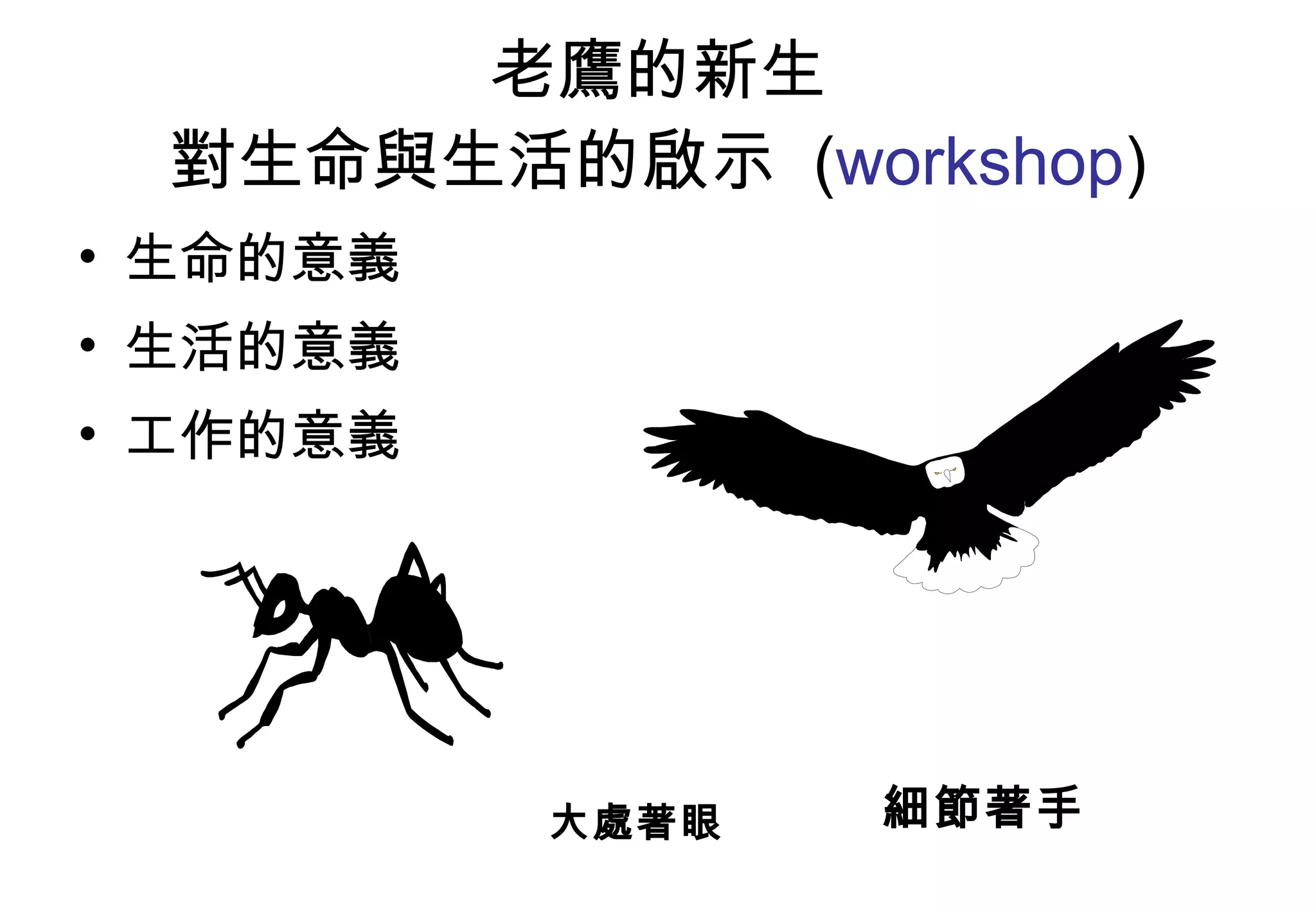 老鷹的新生 對生命與生活的啟示  ( workshop ) 生命的意義 生活的意義 工作的意義 大處著眼 細節著手 