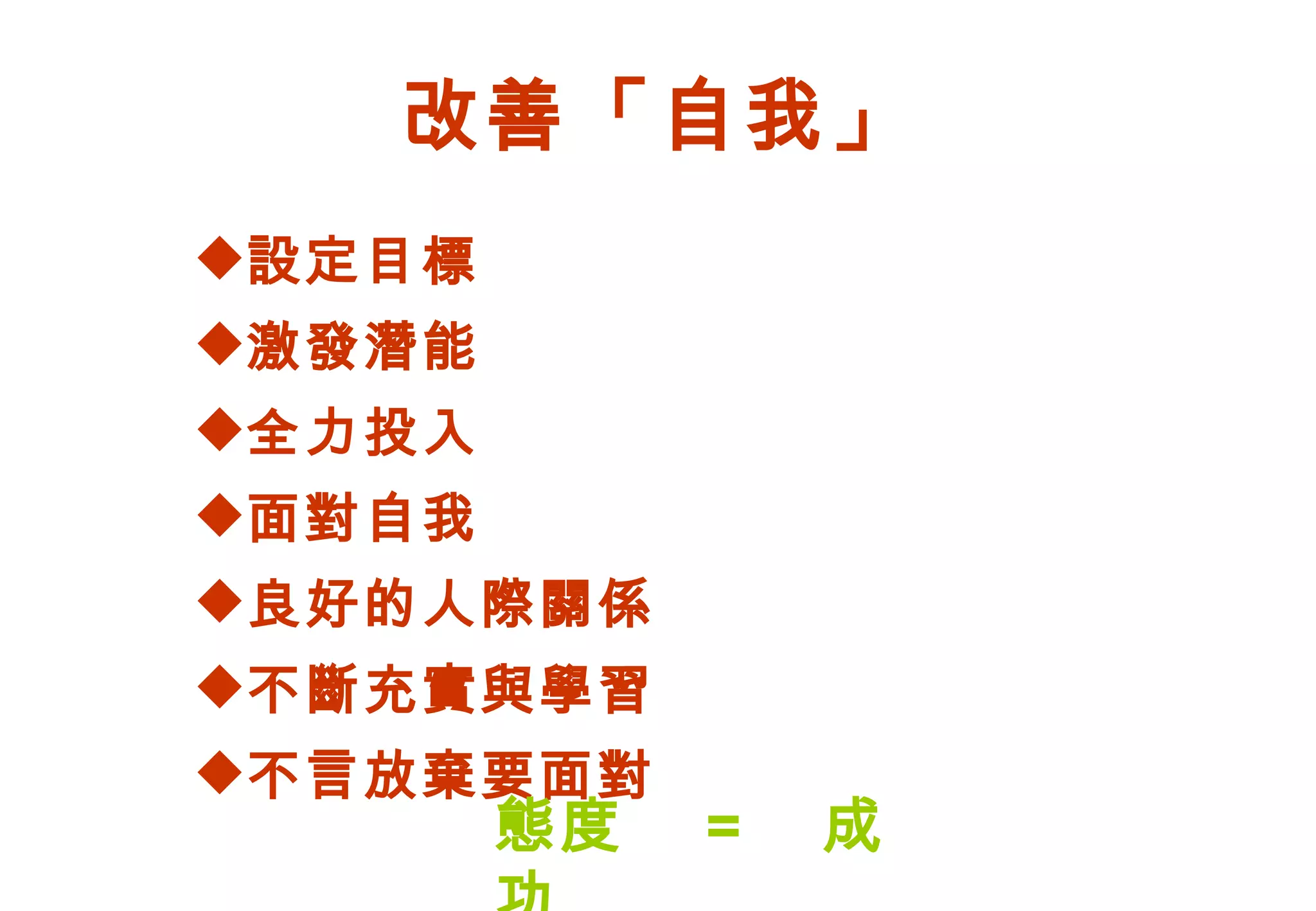 改善「自我」 設定目標 激發潛能 全力投入 面對自我 良好的人際關係 不斷充實與學習 不言放棄要面對 態度　 = 　成功 