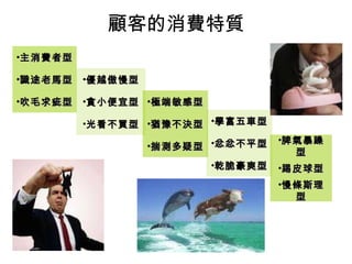 顧客的消費特質 慢條斯理型 踢皮球型 脾氣暴躁型 揣測多疑型 猶豫不決型 極端敏感型 光看不買型 貪小便宜型 優越傲慢型 吹毛求疵型 識途老馬型 主消費者型 乾脆豪爽型 忿忿不平型 學富五車型 