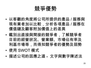 競爭優勢 以客觀的角度將公司所提供的產品 / 服務與現有業者加以比較，分析各項產品 / 服務在價值鏈及顧客附加價值上的差異   鑑別出直接與間接的競爭者，了解競爭者目前的經營狀況、營業額、市場佔有率及利基市場等 ， 而得知競爭者的優勢及弱勢   使用 SWOT 模式 描述公司的因應之道 - 文字與數字陳述法 