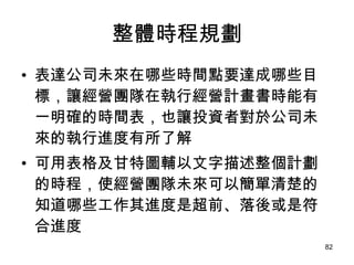 整體時程規劃 表達公司未來在哪些時間點要達成哪些目標，讓經營團隊在執行經營計畫書時能有一明確的時間表，也讓投資者對於公司未來的執行進度有所了解 可用表格及甘特圖輔以文字描述整個計劃的時程，使經營團隊未來可以簡單清楚的知道哪些工作其進度是超前、落後或是符合進度   
