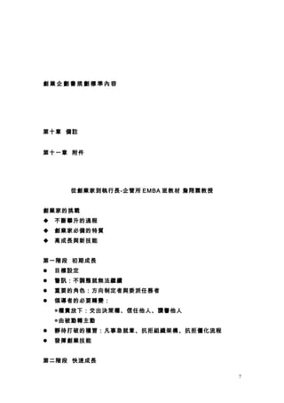 創業企劃書規劃標準內容




第十章 備註


第十一章 附件




      從創業家到執行長-企管所 EMBA 班教材 詹翔霖教授


創業家的挑戰
   不斷攀升的過程
   創業家必備的特質
   高成長與新技能


第一階段 初期成長
   目標設定
   警訊：不調整就無法繼續
   重要的角色：方向制定者與委派任務者
   領導者的必要轉變：
    ◎權責放下：交出決策權、信任他人、讚譽他人
    ◎由被動轉主動
   靜待打破的積習：凡事急就章、抗拒組織架構、抗拒僵化流程
   發揮創業技能


第二階段 快速成長

                                    7
 