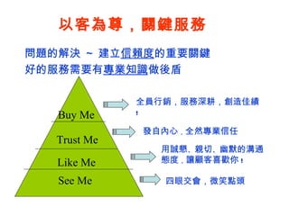 以客為尊 ， 關鍵服務 問題的解決 ～ 建立 信賴度 的重要關鍵  好的服務需要有 專業知識 做後盾 See Me Like Me 四眼交會 ， 微笑點頭 用誠懇 、 親切 、 幽默的溝通態度 ， 讓顧客喜歡你 ! 發自內心 ， 全然專業信任 全員行銷 ， 服務深耕 ， 創造佳績 ! Trust Me Buy Me 