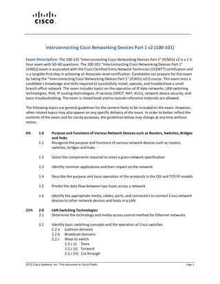 2013 Cisco Systems, Inc. This document is Cisco Public. Page 1
Interconnecting Cisco Networking Devices Part 1 v2 (100-101)
Exam Description: The 100-101 “Interconnecting Cisco Networking Devices Part 1” (ICND1) v2 is a 1.5-
hour exam with 50−60 questions. The 100-101 “Interconnecting Cisco Networking Devices Part 1”
(ICND1) exam is associated with the Cisco Certified Entry Network Technician (CCENT®) certification and
is a tangible first step in achieving an Associate-level certification. Candidates can prepare for this exam
by taking the “Interconnecting Cisco Networking Devices Part 1” (ICND1) v2.0 course. This exam tests a
candidate's knowledge and skills required to successfully install, operate, and troubleshoot a small
branch office network. The exam includes topics on the operation of IP data networks, LAN switching
technologies, IPv6, IP routing technologies, IP services (DHCP, NAT, ACLs), network device security, and
basic troubleshooting. The exam is closed book and no outside reference materials are allowed.
The following topics are general guidelines for the content likely to be included on the exam. However,
other related topics may also appear on any specific delivery of the exam. In order to better reflect the
contents of the exam and for clarity purposes, the guidelines below may change at any time without
notice.
6% 1.0 Purpose and Functions of Various Network Devices such as Routers, Switches, Bridges
and Hubs
1.1 Recognize the purpose and functions of various network devices such as routers,
switches, bridges and hubs
1.2 Select the components required to meet a given network specification
1.3 Identify common applications and their impact on the network
1.4 Describe the purpose and basic operation of the protocols in the OSI and TCP/IP models
1.5 Predict the data flow between two hosts across a network
1.6 Identify the appropriate media, cables, ports, and connectors to connect Cisco network
devices to other network devices and hosts in a LAN
21% 2.0 LAN Switching Technologies
2.1 Determine the technology and media access control method for Ethernet networks
2.2 Identify basic switching concepts and the operation of Cisco switches
2.2.a Collision domains
2.2.b Broadcast domains
2.2.c Ways to switch
2.2.c (i) Store
2.2.c (ii) Forward
2.2.c (iii) Cut through
 
