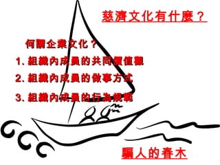慈濟文化有什麼？  何謂企業文化？ 1. 組織內成員的共同價值觀 2. 組織內成員的做事方式 3. 組織內成員的行為規範 騙人的春木 