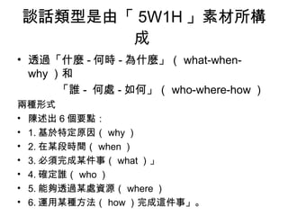 談話類型是由「 5W1H 」素材所構成  透過「什麼 - 何時 - 為什麼」（ what-when-why ）和 「誰 -  何處 - 如何」（ who-where-how ） 兩種形式  陳述出 6 個要點： 1. 基於特定原因（ why ） 2. 在某段時間（ when ） 3. 必須完成某件事（ what ）」 4. 確定誰（ who ） 5. 能夠透過某處資源（ where ） 6. 運用某種方法（ how ）完成這件事」。 