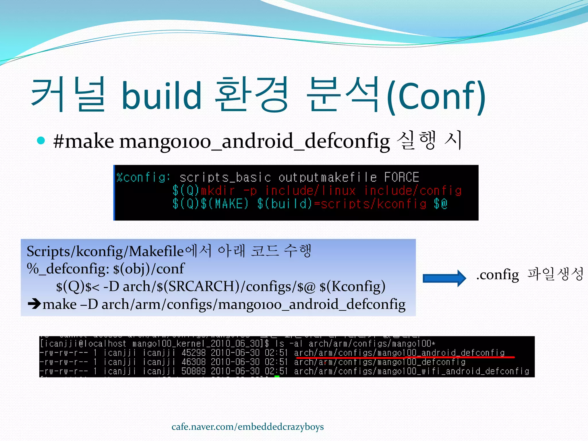 커널 build 환경 분석(Conf)
  #make mango100_android_defconfig 실행 시




Scripts/kconfig/Makefile에서 아래 코드 수행
%_defconfig: $(obj)/conf                               .config 파일생성
     $(Q)$< -D arch/$(SRCARCH)/configs/$@ $(Kconfig)
make –D arch/arm/configs/mango100_android_defconfig




                   cafe.naver.com/embeddedcrazyboys
 