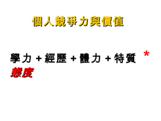 個人競爭力與價值


學力 + 經歷 + 體力 + 特質   *
態度
 