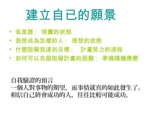 建立自已的願景
•   我是誰 : 現實的狀態
•   我想成為怎樣的人 : 理想的狀態
•   什麼阻礙我達到目標 : 　計畫努力的過程
•   如何可以克服阻礙計畫的困難 : 準備隨機應變


自我驗證的預言
一個人對事物的期望，而事情就真的如此發生了。
相信自己終會成功的人，往往比較可能成功。
 
