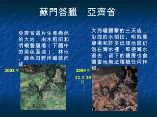 蘇門答臘　亞齊省   2003 年  2004 年 12 月 29 日  亞齊省這片生意盎然的大地，由水稻田和明蝦養殖場（下圖中的黑色區塊）、林地、綠色田野所織就而成。  大海嘯襲擊的三天後，沿海的水稻田、明蝦養殖場和許多低窪地區仍泡在海水裡，即使海水退去，留下的鹽層也會讓當地無法種植任何作物。  