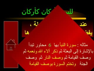 ‫للسور أركان كأركان‬
         ‫البيت‬
   ‫عند حفظ السورة الطويلة ،‬
 ‫يفضل فهمها ، قوتحديد محاقورها‬
    ‫مثاله : سورة النبأ بها 6 محاور تبدأ‬
‫بالاشارة إلى البعثة ثم ذكر آلء ال ونعمه ثم‬
  ‫وصف القيامة ثم وصف النار ثم وصف‬
     ‫الجنة وتختم السورة بوصف القيامة‬
 