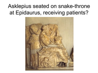 Asklepius seated on snake-throne at Epidaurus, receiving patients? 