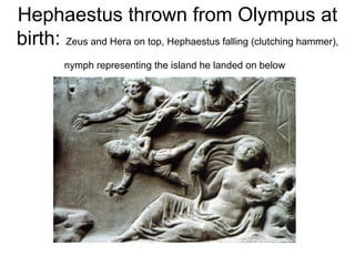 Hephaestus thrown from Olympus at birth:  Zeus and Hera on top, Hephaestus falling (clutching hammer), nymph representing the island he landed on below   