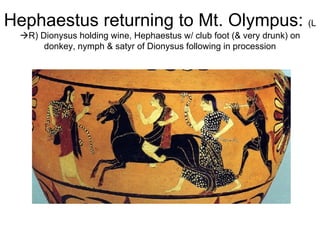 Hephaestus returning to Mt. Olympus:  (L  R) Dionysus holding wine, Hephaestus w/ club foot (& very drunk) on donkey, nymph & satyr of Dionysus following in procession 
