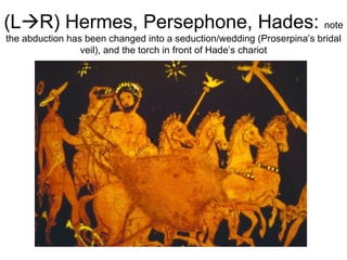 (L  R) Hermes, Persephone, Hades:  note the abduction has been changed into a seduction/wedding (Proserpina’s bridal veil), and the torch in front of Hade’s chariot 