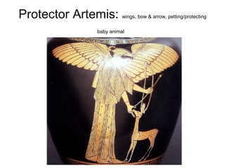 Protector Artemis:  wings, bow & arrow, petting/protecting baby animal   