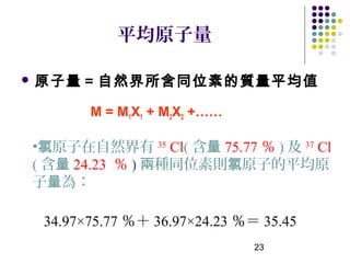 平均原子量

 原子量＝自然界所含同位素的質量平均值


       M = M1X1 + M2X2 +……

•氯原子在自然界有 35 Cl( 含量 75.77 ％ ) 及 37 Cl
( 含量 24.23 ％ ) 兩種同位素則氯原子的平均原
子量為：

 34.97×75.77 ％＋ 36.97×24.23 ％＝ 35.45
                              23
 