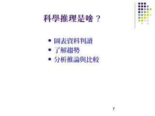科學推理是啥 ?

 圖表資料判讀

 了解趨勢

 分析推論與比較




            7
 