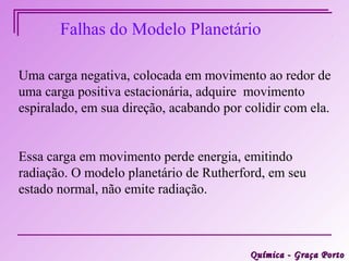 Falhas do Modelo Planetário

Uma carga negativa, colocada em movimento ao redor de
uma carga positiva estacionária, adquire movimento
espiralado, em sua direção, acabando por colidir com ela.


Essa carga em movimento perde energia, emitindo
radiação. O modelo planetário de Rutherford, em seu
estado normal, não emite radiação.



                                          Química - Graça Porto
 