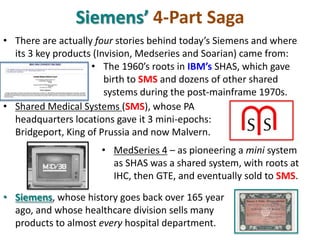 Siemens’ 4-Part Saga
• There are actually four stories behind today’s Siemens and where
its 3 key products (Invision, Medseries and Soarian) came from:
• The 1960’s roots in IBM’s SHAS, which gave
birth to SMS and dozens of other shared
systems during the post-mainframe 1970s.
• Shared Medical Systems (SMS), whose PA
headquarters locations gave it 3 mini-epochs:
Bridgeport, King of Prussia and now Malvern.
• MedSeries 4 – as pioneering a mini system
as SHAS was a shared system, with roots at
IHC, then GTE, and eventually sold to SMS.
• Siemens, whose history goes back over 165 year
ago, and whose healthcare division sells many
products to almost every hospital department.
 