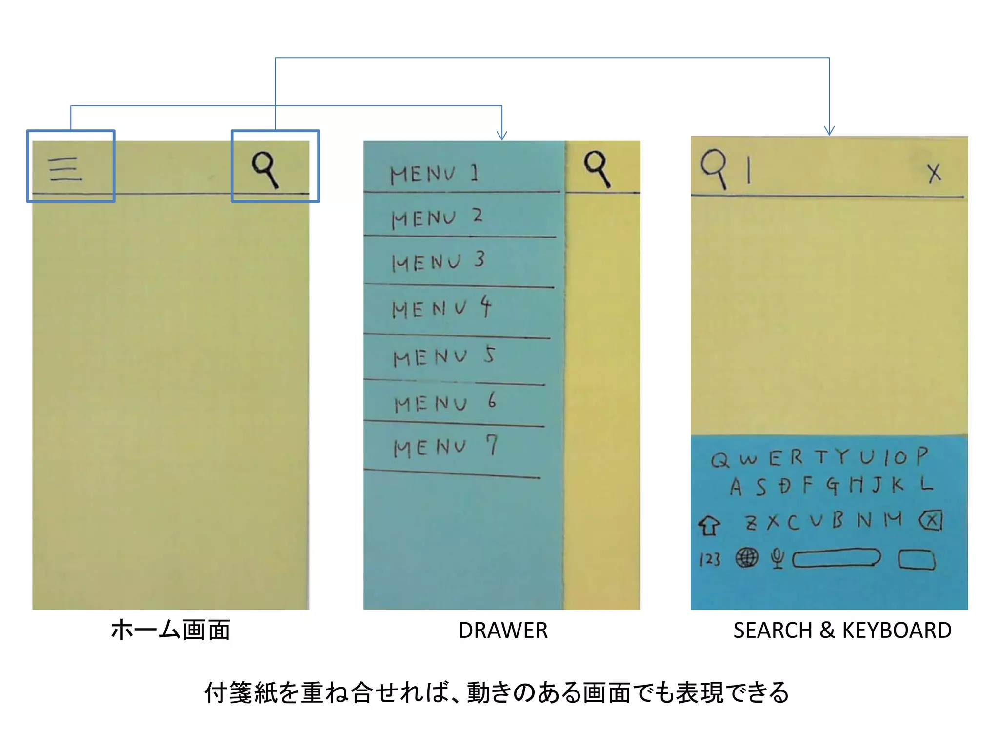 DRAWER SEARCH & KEYBOARDホーム画面
付箋紙を重ね合せれば、動きのある画面でも表現できる
 