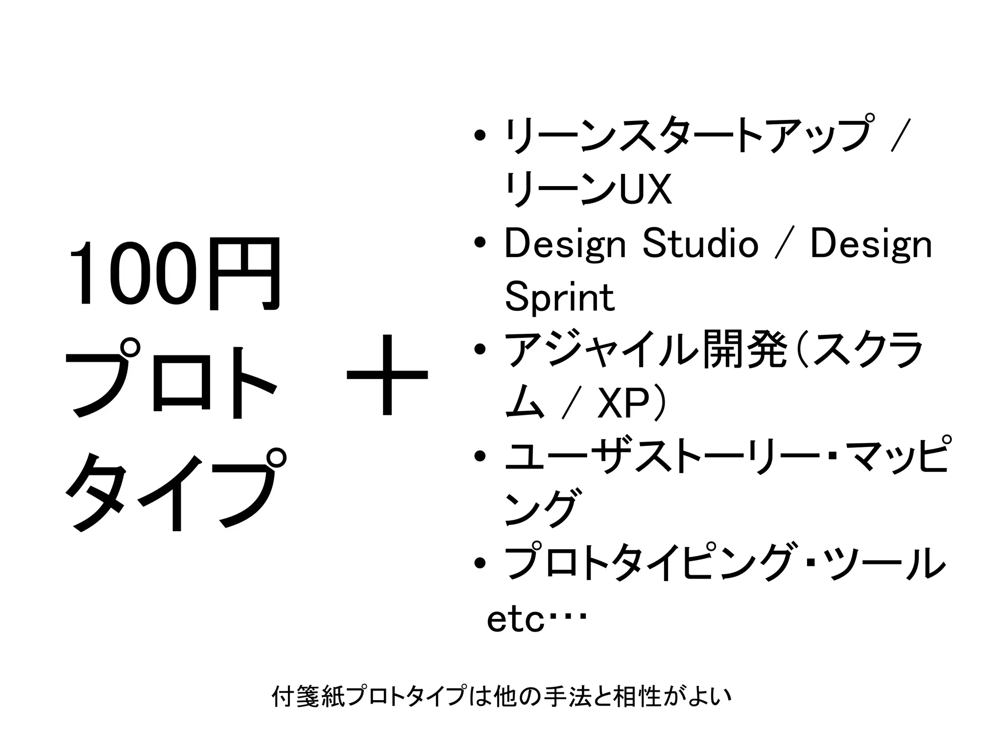 • リーンスタートアップ /
リーンUX
• Design Studio / Design
Sprint
• アジャイル開発（スクラ
ム / XP）
• ユーザストーリー・マッピ
ング
• プロトタイピング・ツール
etc…
100円
プロト
タイプ
＋
付箋紙プロトタイプは他の手法と相性がよい
 