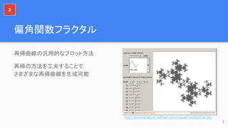 偏角関数フラクタル
5
http://demonstrations.wolfram.com/AngularFunctionFractals/
再帰曲線の汎用的なプロット方法
再帰の方法を工夫することで
さまざまな再帰曲線を生成可能
2
 