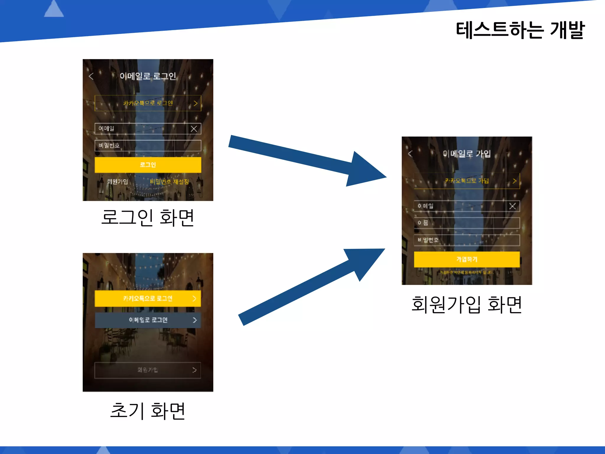 테스트하는 개발
로그인 화면
초기 화면
회원가입 화면
 