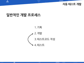 자동 테스트 개발
1.기획
2.개발
3.테스트코드 작성
4.테스트
일반적인 개발 프로세스
 