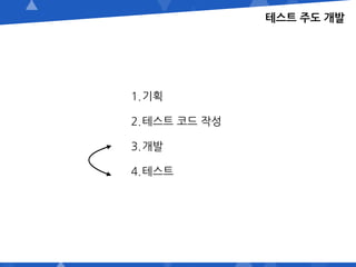 테스트 주도 개발
1.기획
2.테스트 코드 작성
3.개발
4.테스트
 