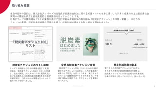 Members Co.,Ltd.
脱炭素アクションのリスト展開
サービス提供時など日々の業務を通じて実現
可能な「脱炭素アクション100」リストを作成
し、全社へ展開。デジタルビジネス運用支援に
おける成果向上と炭素削減の関連性を全社員が
共通認識として持ちながら業務を行っていく仕
組みづくりを行いました。
全社員脱炭素アクション宣言
「脱炭素アクション100」リストから全社員が
実行するアクションを選択し、社内で事務局へ
申請する「宣言」を行っています。実行された
アクションは随時社内サイトで共有され、今後
の取り組みを検討する上でのナレッジを蓄積し
ていきます。
想定削減効果の試算
実行された脱炭素アクションについては、
それぞれの想定の炭素削減効果を試算し、
脱炭素アクションにおける全社での炭素削減
効果の可視化を行っていきます。(本レポート)
「脱炭素アクション100」
リスト
取り組み概要
4
本取り組みの目的は、株式会社メンバーズの全社員が炭素排出削減に関する知識・スキルを身に着け、ビジネス成果の向上と脱炭素社会
実現への貢献を両立し持続発展的な価値提供を行っていくことです。
社員がサービス提供時など日々の業務を通じて実行可能な炭素削減の取り組み「脱炭素アクション」を宣言・実践し、全社での
ナレッジの蓄積、想定炭素削減量の可視化を図り、炭素削減に貢献する取り組みを開始しました。
981 1,011 t-CO2
 
