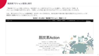 Members Co.,Ltd.
脱炭素アクション宣言と実行
社内ポータル内の「脱炭素アクション」特設ページ
「脱炭素アクション100」の中から、全社員が一人一人実行するアクションを選択し、実行に向けた「宣言」を
フォームにて申請する形で行います。「宣言」した内容に基づきそれぞれがアクションを実行に移していきます。
なお、実行されたアクションは随時集計、社内ポータルで共有され、他の社員が今後の取り組みを検討する上でのナレッジが
継続的に蓄積されていく仕組みとなっています。
8
 