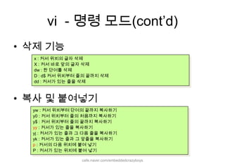 vi  - 명령 모드(cont’d)삭제 기능복사 및 붙여넣기x : 커서 위치의 글자 삭제 X : 커서 바로 앞의 글자 삭제 dw : 한 단어를 삭제 D : d$ 커서 위치부터 줄의 끝까지 삭제 dd : 커서가 있는 줄을 삭제yw : 커서 위치부터 단어의 끝까지 복사하기y0 : 커서 위치부터 줄의 처음까지 복사하기y$ : 커서 위치부터 줄의 끝까지 복사하기yy : 커서가 있는 줄을 복사하기yj : 커서가 있는 줄과 그 다음 줄을 복사하기yk : 커서가 있는 줄과 그 앞줄을 복사하기p : 커서의 다음 위치에 붙여 넣기P : 커서가 있는 위치에 붙여 넣기cafe.naver.com/embeddedcrazyboys