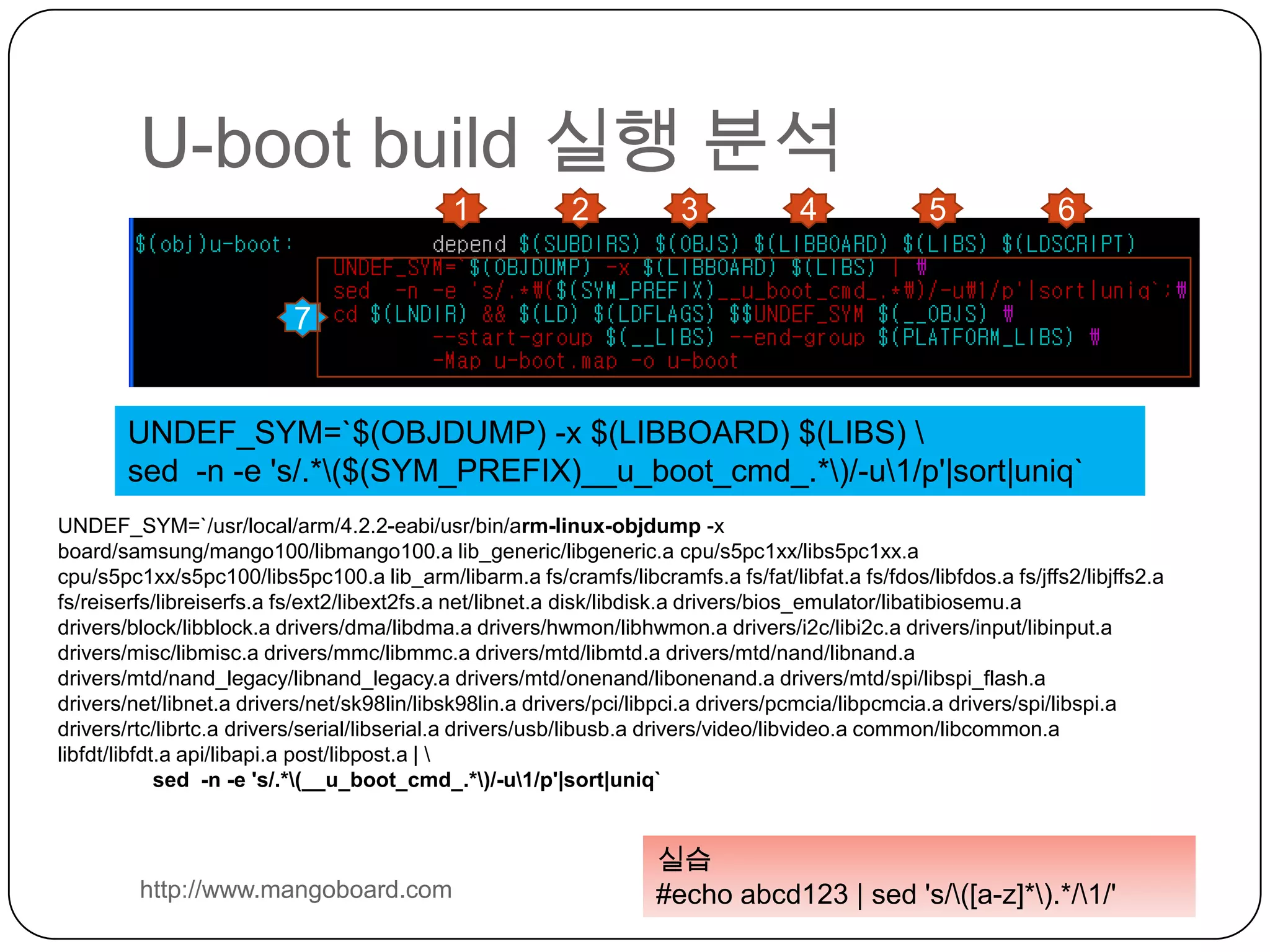 U-boot build 실행 분석http://www.mangoboard.com$(TOPDIR)/config.mk$(TOPDIR)/arm_config.mk$(TOPDIR)/rules.mk…#make  명령 실행 
