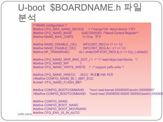 U-boot  $BOARDNAME.h파일 분석cafe.naver.com/embeddedcrazyboys/* NAND configuration */#define CFG_MAX_NAND_DEVICE     1 /*mango100  Nand device 1개*/#define CFG_NAND_BASE           (0xE7200000)  /*Nand Control Register*/#define NAND_MAX_CHIPS          1// Chip  갯수#define NAND_DISABLE_CE()       (NFCONT_REG |= (1 << 1))#define NAND_ENABLE_CE()        (NFCONT_REG &= ~(1 << 1))#define NF_TRANSRnB()           do { while(!(NFSTAT_REG & (1 << 0))); } while(0)#define CFG_NAND_SKIP_BAD_DOT_I 1  /* ".i" read skips bad blocks   */#define CFG_NAND_WP             1#define CFG_NAND_YAFFS_WRITE    1  /* support yaffs write */#define CFG_NAND_HWECC     //ECC  체크를 HW 처리 //#define CONFIG_NAND_BL1_8BIT_ECC#undef  CFG_NAND_FLASH_BBT#define CONFIG_BOOTCOMMAND      "movi read kernel 20008000;bootm 20008000"//#define CONFIG_BOOTCOMMAND    "nand read 20008000 80000 300000;bootm 20008000"#define CONFIG_NAND#define CONFIG_BOOT_NAND#define CONFIG_BOOT_MOVINAND#define CFG_ENV_IS_IN_AUTO