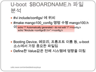 U-boot  $BOARDNAME.h파일 분석cafe.naver.com/embeddedcrazyboys#vi include/configs/ 에 위치#make mango100_config 명령 수행 mango100.h 이름Booting Device, 메모리, 프롬프트 이름 등, u-boot 소스에서 가장 중요한 파일임Define한 Value값은 전체 시스템에 영향을 미침echo "/* Automatically generated - do not edit */" >>config.hecho "#include <configs/$1.h>" >>config.h