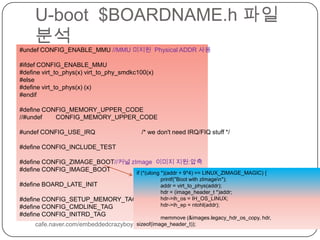 U-boot  $BOARDNAME.h파일 분석cafe.naver.com/embeddedcrazyboys#undef CONFIG_ENABLE_MMU //MMU 미지원Physical ADDR 사용#ifdef CONFIG_ENABLE_MMU#define virt_to_phys(x) virt_to_phy_smdkc100(x)#else#define virt_to_phys(x) (x)#endif#define CONFIG_MEMORY_UPPER_CODE//#undef        CONFIG_MEMORY_UPPER_CODE#undef CONFIG_USE_IRQ                           /* we don't need IRQ/FIQ stuff */#define CONFIG_INCLUDE_TEST#define CONFIG_ZIMAGE_BOOT//커널zImage이미지 지원:압축#define CONFIG_IMAGE_BOOT#define BOARD_LATE_INIT#define CONFIG_SETUP_MEMORY_TAGS#define CONFIG_CMDLINE_TAG#define CONFIG_INITRD_TAGif (*(ulong *)(addr + 9*4) == LINUX_ZIMAGE_MAGIC) {printf("Boot with zImage\n");addr = virt_to_phys(addr);hdr = (image_header_t *)addr;hdr->ih_os = IH_OS_LINUX;hdr->ih_ep = ntohl(addr);memmove (&images.legacy_hdr_os_copy, hdr, sizeof(image_header_t));
