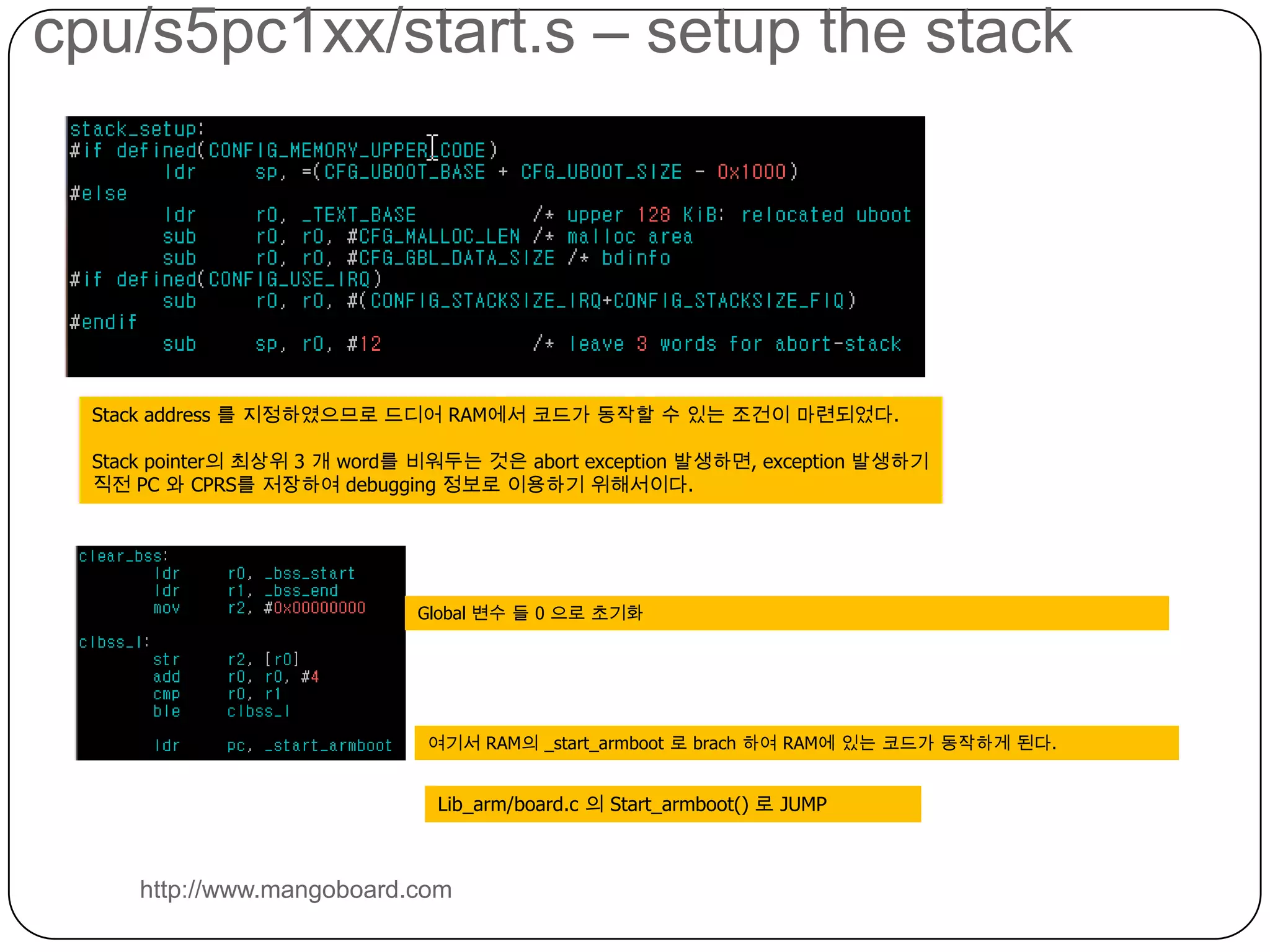 Lowlevel_init ?http://www.mangoboard.comCpu/s5pc1xx/start.s에서  callWatchdog,Clock, UART, Nand 을 초기화 