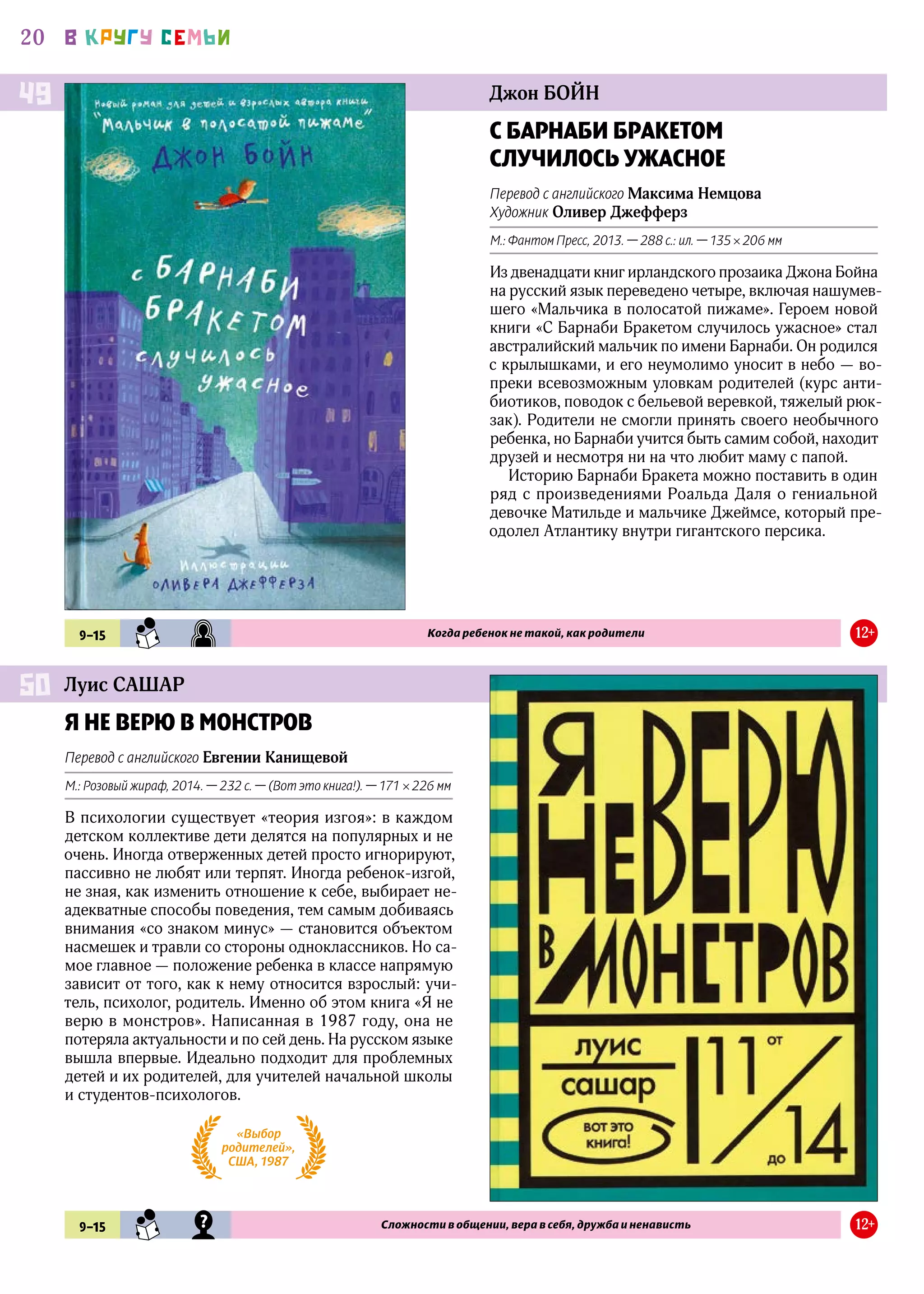 20 В КРУГУ СЕМЬИ
Джон БОЙН
Луис САШАР
С БАРНАБИ БРАКЕТОМ
СЛУЧИЛОСЬ УЖАСНОЕ
Перевод с английского Максима Немцова
Художник Оливер Джефферз
М.: Фантом Пресс, 2013. — 288 с.: ил. — 135 × 206 мм
Из двенадцати книг ирландского прозаика Джона Бойна
на русский язык переведено четыре, включая нашумев-
шего «Мальчика в полосатой пижаме». Героем новой
книги «С Барнаби Бракетом случилось ужасное» стал
австралийский мальчик по имени Барнаби. Он родился
с крылышками, и его неумолимо уносит в небо — во-
преки всевозможным уловкам родителей (курс анти-
биотиков, поводок с бельевой веревкой, тяжелый рюк-
зак). Родители не смогли принять своего необычного
ребенка, но Барнаби учится быть самим собой, находит
друзей и несмотря ни на что любит маму с папой.
Историю Барнаби Бракета можно поставить в один
ряд с произведениями Роальда Даля о гениальной
девочке Матильде и мальчике Джеймсе, который пре-
одолел Атлантику внутри гигантского персика.
Я НЕ ВЕРЮ В МОНСТРОВ
Перевод с английского Евгении Канищевой
М.: Розовый жираф, 2014. — 232 с. — (Вот это книга!). — 171 × 226 мм
В психологии существует «теория изгоя»: в каждом
детском коллективе дети делятся на популярных и не
очень. Иногда отверженных детей просто игнорируют,
пассивно не любят или терпят. Иногда ребенок-изгой,
не зная, как изменить отношение к себе, выбирает не-
адекватные способы поведения, тем самым добиваясь
внимания «со знаком минус» — становится объектом
насмешек и травли со стороны одноклассников. Но са-
мое главное — положение ребенка в классе напрямую
зависит от того, как к нему относится взрослый: учи-
тель, психолог, родитель. Именно об этом книга «Я не
верю в монстров». Написанная в 1987 году, она не
потеряла актуальности и по сей день. На русском языке
вышла впервые. Идеально подходит для проблемных
детей и их родителей, для учителей начальной школы
и студентов-психологов.
49
50
9–15 SMN RWZ Когда ребенок не такой, как родители 12+
9–15 SMN MST Сложности в общении, вера в себя, дружба и ненависть 12+
«Выбор
родителей»,
США, 1987
 