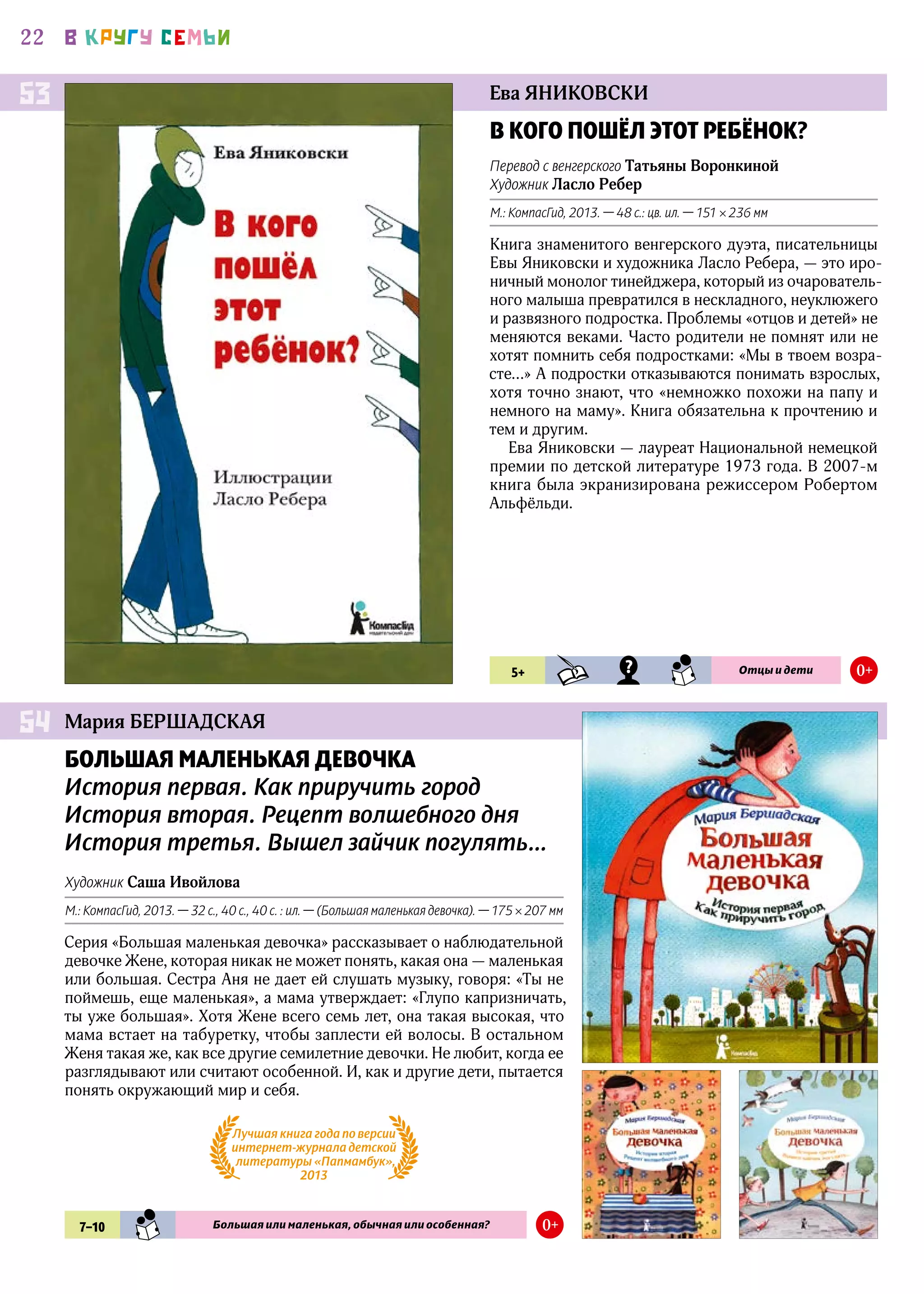22 В КРУГУ СЕМЬИ
Ева ЯНИКОВСКИ
В КОГО ПОШЁЛ ЭТОТ РЕБЁНОК?
Перевод с венгерского Татьяны Воронкиной
Художник Ласло Ребер
М.: КомпасГид, 2013. — 48 с.: цв. ил. — 151 × 236 мм
Книга знаменитого венгерского дуэта, писательницы
Евы Яниковски и художника Ласло Ребера, — это иро-
ничный монолог тинейджера, который из очарователь-
ного малыша превратился в нескладного, неуклюжего
и развязного подростка. Проблемы «отцов и детей» не
меняются веками. Часто родители не помнят или не
хотят помнить себя подростками: «Мы в твоем возра-
сте…» А подростки отказываются понимать взрослых,
хотя точно знают, что «немножко похожи на папу и
немного на маму». Книга обязательна к прочтению и
тем и другим.
Ева Яниковски — лауреат Национальной немецкой
премии по детской литературе 1973 года. В 2007‑м
книга была экранизирована режиссером Робертом
Альфёльди.
53
5+ KHD MST SMN Отцы и дети 0+
БОЛЬШАЯ МАЛЕНЬКАЯ ДЕВОЧКА
История первая. Как приручить город
История вторая. Рецепт волшебного дня
История третья. Вышел зайчик погулять…
Художник Саша Ивойлова
М.: КомпасГид, 2013. — 32 с., 40 с., 40 c. : ил. — (Большая маленькая девочка). — 175 × 207 мм
Серия «Большая маленькая девочка» рассказывает о наблюдательной
девочке Жене, которая никак не может понять, какая она — маленькая
или большая. Сестра Аня не дает ей слушать музыку, говоря: «Ты не
поймешь, еще маленькая», а мама утверждает: «Глупо капризничать,
ты уже большая». Хотя Жене всего семь лет, она такая высокая, что
мама встает на табуретку, чтобы заплести ей волосы. В остальном
Женя такая же, как все другие семилетние девочки. Не любит, когда ее
разглядывают или считают особенной. И, как и другие дети, пытается
понять окружающий мир и себя.
Мария БЕРШАДСКАЯ54
7–10 SMN Большая или маленькая, обычная или особенная? 0+
Лучшая книга года по версии
интернет-журнала детской
литературы «Папмамбук»,
2013
 