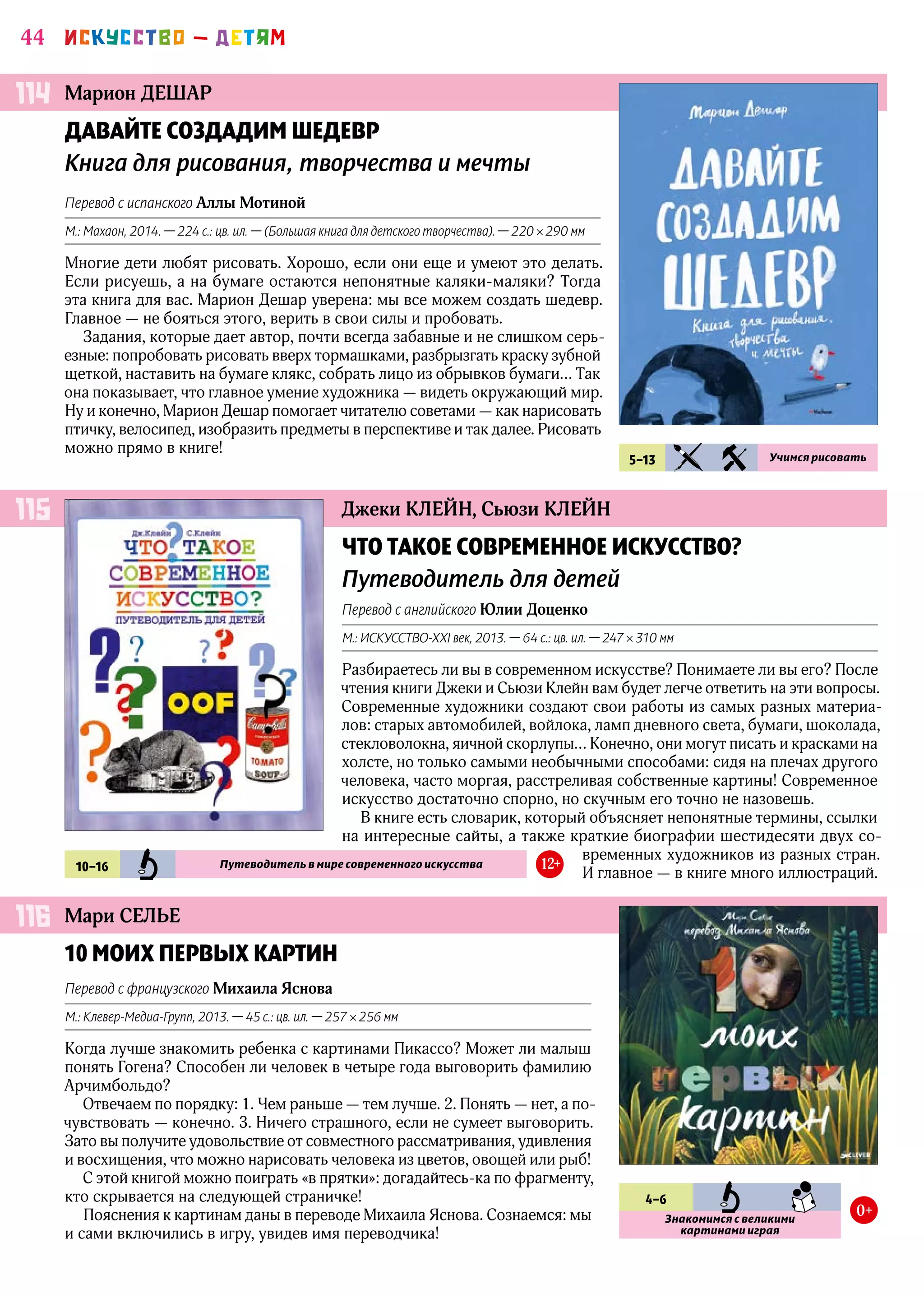 44 ИСКУССТВО — ДЕТЯМ
Мари СЕЛЬЕ
Джеки КЛЕЙН, Сьюзи КЛЕЙН
Марион ДЕШАР
10 МОИХ ПЕРВЫХ КАРТИН
Перевод с французского Михаила Яснова
М.: Клевер-Медиа-Групп, 2013. — 45 с.: цв. ил. — 257 × 256 мм
Когда лучше знакомить ребенка с картинами Пикассо? Может ли малыш
понять Гогена? Способен ли человек в четыре года выговорить фамилию
Арчимбольдо?
Отвечаем по порядку: 1. Чем раньше — тем лучше. 2. Понять — нет, а по-
чувствовать — конечно. 3. Ничего страшного, если не сумеет выговорить.
Зато вы получите удовольствие от совместного рассматривания, удивления
и восхищения, что можно нарисовать человека из цветов, овощей или рыб!
С этой книгой можно поиграть «в прятки»: догадайтесь‑ка по фрагменту,
кто скрывается на следующей страничке!
Пояснения к картинам даны в переводе Михаила Яснова. Сознаемся: мы
и сами включились в игру, увидев имя переводчика!
ЧТО ТАКОЕ СОВРЕМЕННОЕ ИСКУССТВО?
Путеводитель для детей
Перевод с английского Юлии Доценко
М.: ИСКУССТВО-XXI век, 2013. — 64 с.: цв. ил. — 247 × 310 мм
Разбираетесь ли вы в современном искусстве? Понимаете ли вы его? После
чтения книги Джеки и Сьюзи Клейн вам будет легче ответить на эти вопросы.
Современные художники создают свои работы из самых разных материа-
лов: старых автомобилей, войлока, ламп дневного света, бумаги, шоколада,
стекловолокна, яичной скорлупы… Конечно, они могут писать и красками на
холсте, но только самыми необычными способами: сидя на плечах другого
человека, часто моргая, расстреливая собственные картины! Современное
искусство достаточно спорно, но скучным его точно не назовешь.
В книге есть словарик, который объясняет непонятные термины, ссылки
на интересные сайты, а также краткие биографии шестидесяти двух со-
временных художников из разных стран.
И главное — в книге много иллюстраций.
ДАВАЙТЕ СОЗДАДИМ ШЕДЕВР
Книга для рисования, творчества и мечты
Перевод с испанского Аллы Мотиной
М.: Махаон, 2014. — 224 с.: цв. ил. — (Большая книга для детского творчества). — 220 × 290 мм
Многие дети любят рисовать. Хорошо, если они еще и умеют это делать.
Если рисуешь, а на бумаге остаются непонятные каляки-маляки? Тогда
эта книга для вас. Марион Дешар уверена: мы все можем создать шедевр.
Главное — не бояться этого, верить в свои силы и пробовать.
Задания, которые дает автор, почти всегда забавные и не слишком серь-
езные: попробовать рисовать вверх тормашками, разбрызгать краску зубной
щеткой, наставить на бумаге клякс, собрать лицо из обрывков бумаги… Так
она показывает, что главное умение художника — видеть окружающий мир.
Ну и конечно, Марион Дешар помогает читателю советами — как нарисовать
птичку, велосипед, изобразить предметы в перспективе и так далее. Рисовать
можно прямо в книге!
4–6 PZN SMN
Знакомимся с великими
картинами играя
0+
10–16 PZN Путеводитель в мире современного искусства 12+
5–13 KIA RZV Учимся рисовать
116
115
114
 