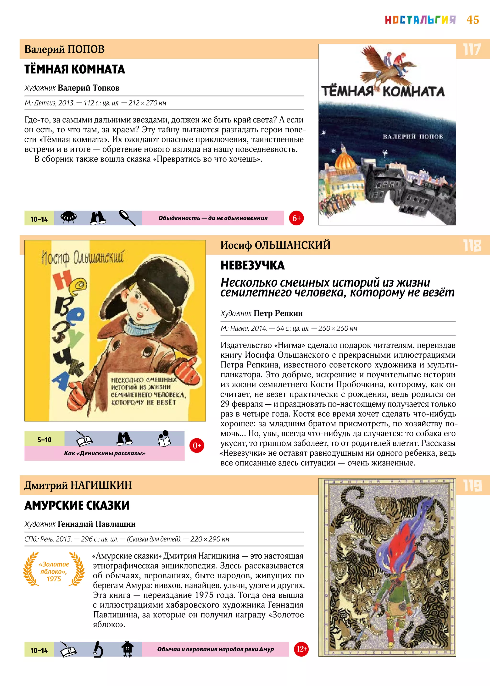 45НОСТАЛЬГИЯ
Дмитрий НАГИШКИН
Иосиф ОЛЬШАНСКИЙ
Валерий ПОПОВ
АМУРСКИЕ СКАЗКИ
Художник Геннадий Павлишин
СПб.: Речь, 2013. — 296 с.: цв. ил. — (Сказки для детей). — 220 × 290 мм
«Амурские сказки» Дмитрия Нагишкина — это настоящая
этнографическая энциклопедия. Здесь рассказывается
об обычаях, верованиях, быте народов, живущих по
берегам Амура: нивхов, нанайцев, ульчи, удэге и других.
Эта книга — переиздание 1975 года. Тогда она вышла
с иллюстрациями хабаровского художника Геннадия
Павлишина, за которые он получил награду «Золотое
яблоко».
НЕВЕЗУЧКА
Несколько смешных историй из жизни
семилетнего человека, которому не везёт
Художник Петр Репкин
М.: Нигма, 2014. — 64 с.: цв. ил. — 260 × 260 мм
Издательство «Нигма» сделало подарок читателям, переиздав
книгу Иосифа Ольшанского с прекрасными иллюстрациями
Петра Репкина, известного советского художника и мульти-
пликатора. Это добрые, искренние и поучительные истории
из жизни семилетнего Кости Пробочкина, которому, как он
считает, не везет практически с рождения, ведь родился он
29 февраля — и праздновать по‑настоящему получается только
раз в четыре года. Костя все время хочет сделать что‑нибудь
хорошее: за младшим братом присмотреть, по хозяйству по-
мочь… Но, увы, всегда что‑нибудь да случается: то собака его
укусит, то гриппом заболеет, то от родителей влетит. Рассказы
«Невезучки» не оставят равнодушным ни одного ребенка, ведь
все описанные здесь ситуации — очень жизненные.
ТЁМНАЯ КОМНАТА
Художник Валерий Топков
М.: Детгиз, 2013. — 112 с.: цв. ил. — 212 × 270 мм
Где‑то, за самыми дальними звездами, должен же быть край света? А если
он есть, то что там, за краем? Эту тайну пытаются разгадать герои пове-
сти «Тёмная комната». Их ожидают опасные приключения, таинственные
встречи и в итоге — обретение нового взгляда на нашу повседневность.
В сборник также вошла сказка «Превратись во что хочешь».
10–14 KHD PZN SKZ Обычаи и верования народов реки Амур 12+
5–10 KHD PRK SMN
Как «Денискины рассказы»
0+
10–14 FAN PRK DTK Обыденность — да не обыкновенная 6+
119
118
117
«Золотое
яблоко»,
1975
 