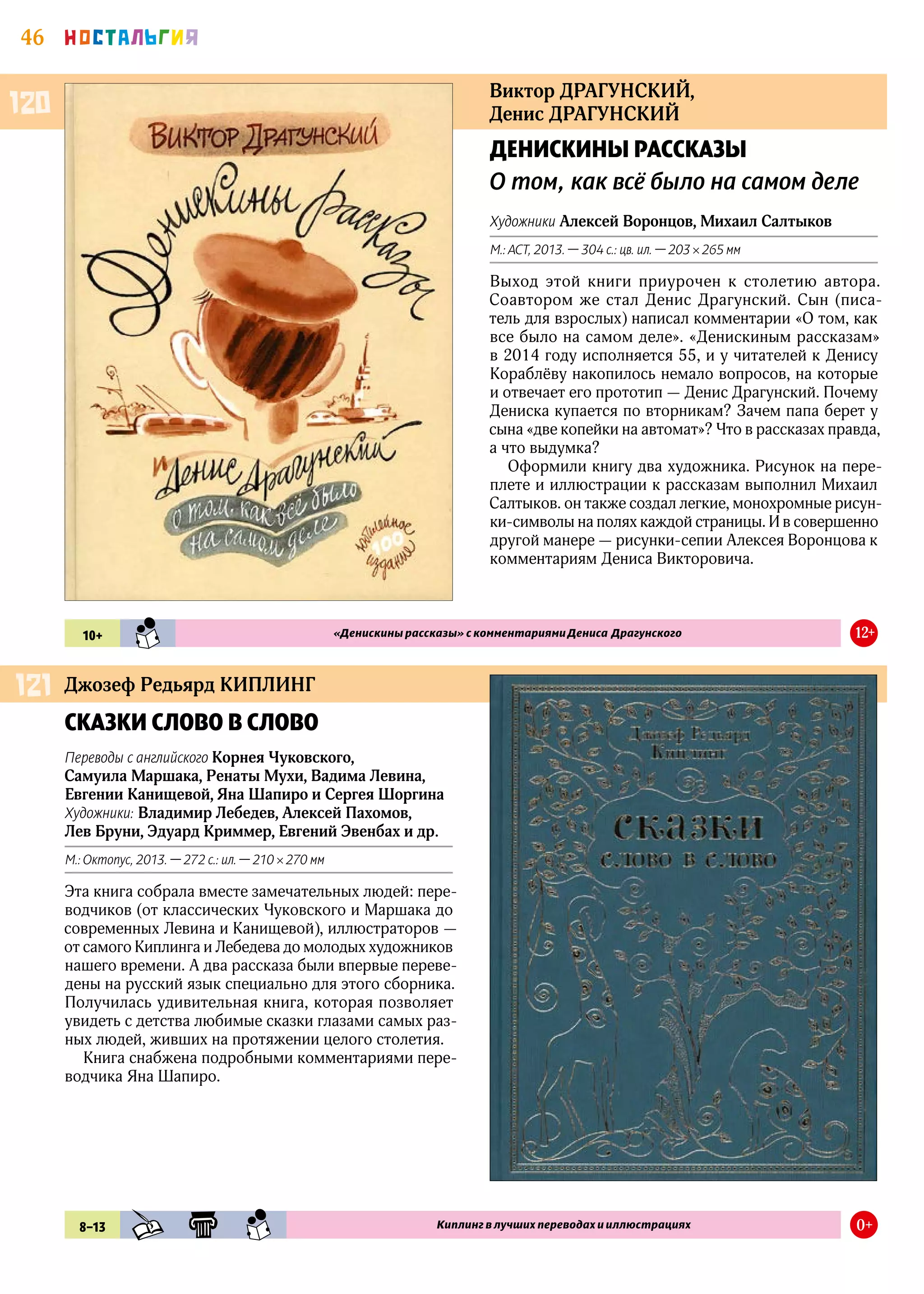 46 НОСТАЛЬГИЯ
Виктор ДРАГУНСКИЙ,
Денис ДРАГУНСКИЙ
ДЕНИСКИНЫ РАССКАЗЫ
О том, как всё было на самом деле
Художники Алексей Воронцов, Михаил Салтыков
М.: АСТ, 2013. — 304 с.: цв. ил. — 203 × 265 мм
Выход этой книги приурочен к столетию автора.
Соавтором же стал Денис Драгунский. Сын (писа-
тель для взрослых) написал комментарии «О том, как
все было на самом деле». «Денискиным рассказам»
в 2014 году исполняется 55, и у читателей к Денису
Кораблёву накопилось немало вопросов, на которые
и отвечает его прототип — Денис Драгунский. Почему
Дениска купается по вторникам? Зачем папа берет у
сына «две копейки на автомат»? Что в рассказах правда,
а что выдумка?
Оформили книгу два художника. Рисунок на пере-
плете и иллюстрации к рассказам выполнил Михаил
Салтыков. он также создал легкие, монохромные рисун-
ки-символы на полях каждой страницы. И в совершенно
другой манере — рисунки-сепии Алексея Воронцова к
комментариям Дениса Викторовича.
120
10+ SMN «Денискины рассказы» с комментариями Дениса Драгунского 12+
Джозеф Редьярд КИПЛИНГ
СКАЗКИ СЛОВО В СЛОВО
Переводы с английского Корнея Чуковского,
Самуила Маршака, Ренаты Мухи, Вадима Левина,
Евгении Канищевой, Яна Шапиро и Сергея Шоргина
Художники: Владимир Лебедев, Алексей Пахомов,
Лев Бруни, Эдуард Криммер, Евгений Эвенбах и др.
М.: Октопус, 2013. — 272 с.: ил. — 210 × 270 мм
Эта книга собрала вместе замечательных людей: пере-
водчиков (от классических Чуковского и Маршака до
современных Левина и Канищевой), иллюстраторов —
от самого Киплинга и Лебедева до молодых художников
нашего времени. А два рассказа были впервые переве-
дены на русский язык специально для этого сборника.
Получилась удивительная книга, которая позволяет
увидеть с детства любимые сказки глазами самых раз-
ных людей, живших на протяжении целого столетия.
Книга снабжена подробными комментариями пере-
водчика Яна Шапиро.
121
8–13 KHD KLS SMN Киплинг в лучших переводах и иллюстрациях 0+
 