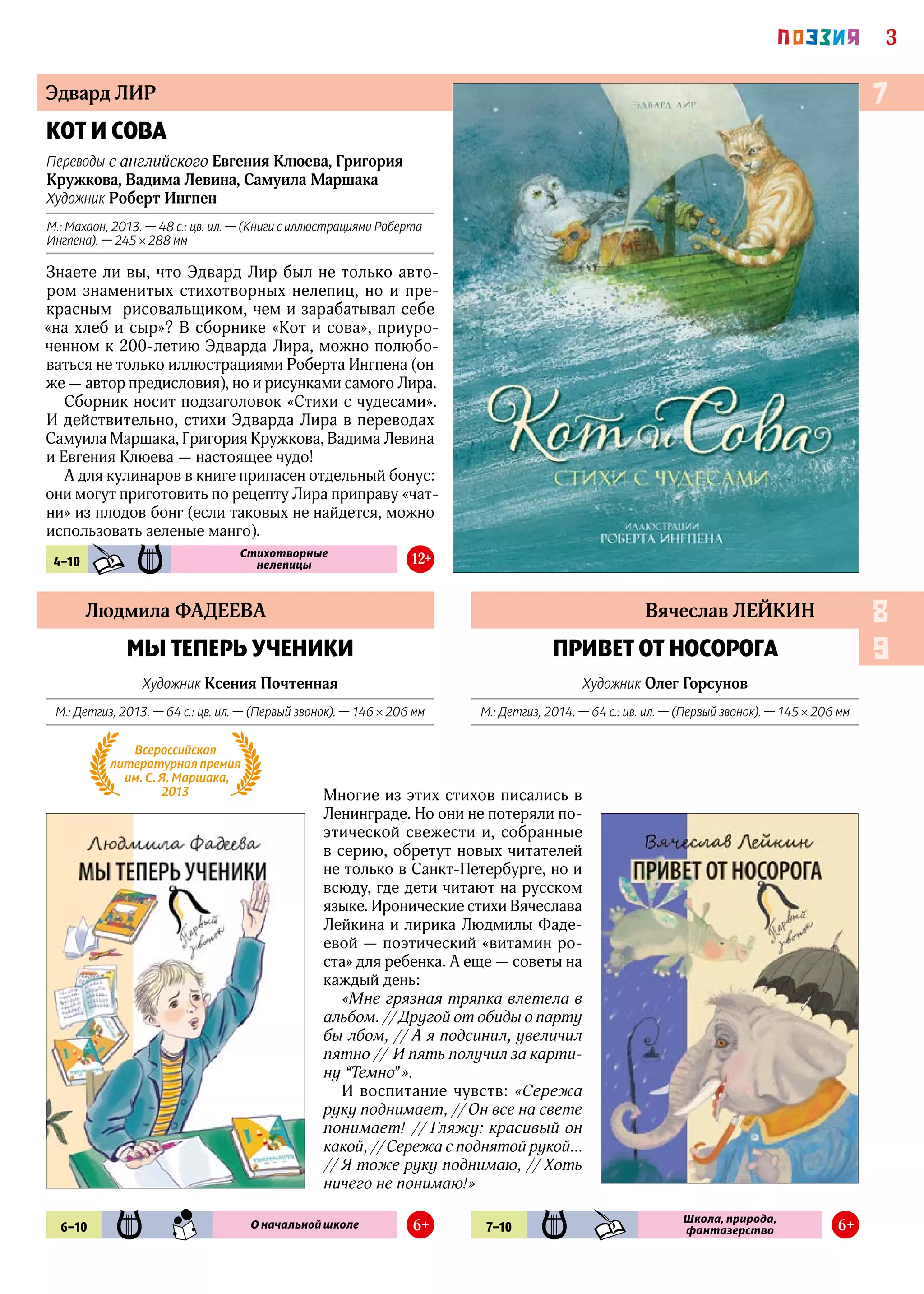 3ПОЭЗИЯ
Людмила ФАДЕЕВА Вячеслав ЛЕЙКИН
МЫ ТЕПЕРЬ УЧЕНИКИ
Художник Ксения Почтенная
М.: Детгиз, 2013. — 64 с.: цв. ил. — (Первый звонок). — 146 × 206 мм
ПРИВЕТ ОТ НОСОРОГА
Художник Олег Горсунов
М.: Детгиз, 2014. — 64 с.: цв. ил. — (Первый звонок). — 145 × 206 мм
8
9
Многие из этих стихов писались в
Ленинграде. Но они не потеряли по-
этической свежести и, собранные
в серию, обретут новых читателей
не только в Санкт-Петербурге, но и
всюду, где дети читают на русском
языке. Иронические стихи Вячеслава
Лейкина и лирика Людмилы Фа­де­
евой — поэтический «витамин ро-
ста» для ребенка. А еще — советы на
каждый день:
«Мне грязная тряпка влетела в
альбом. // Другой от обиды о парту
бы лбом, // А я подсинил, увеличил
пятно // И пять получил за карти-
ну “Темно”».
И воспитание чувств: «Сережа
руку поднимает, // Он все на свете
понимает! // Гляжу: красивый он
какой, // Сережа с поднятой рукой…
// Я тоже руку поднимаю, // Хоть
ничего не понимаю!»
6–10 POE SMN О начальной школе 6+
Всероссийская
литературная премия
им. С. Я. Маршака,
2013
7–10 POE KHD
Школа, природа,
фантазерство 6+
КОТ И СОВА
Переводы с английского Евгения Клюева, Григория
Кружкова, Вадима Левина, Самуила Маршака
Художник Роберт Ингпен
М.: Махаон, 2013. — 48 с.: цв. ил. — (Книги с иллюстрациями Роберта
Ингпена). — 245 × 288 мм
Знаете ли вы, что Эдвард Лир был не только авто-
ром знаменитых стихо­творных нелепиц, но и пре-
красным рисовальщиком, чем и зарабатывал себе
«на хлеб и сыр»? В сборнике «Кот и сова», приуро-
ченном к 200-летию Эдварда Лира, можно полюбо-
ваться не только иллюстрациями Роберта Ингпена (он
же — автор предисловия), но и рисунками самого Лира.
Сборник носит подзаголовок «Стихи с чудесами».
И действительно, стихи Эдварда Лира в переводах
Самуила Маршака, Григория Кружкова, Вадима Левина
и Евгения Клюева — настоящее чудо!
А для кулинаров в книге припасен отдельный бонус:
они могут приготовить по рецепту Лира приправу «чат-
ни» из плодов бонг (если таковых не найдется, можно
использовать зеленые манго).
Эдвард ЛИР 7
4–10 KHD POE
Стихотворные
нелепицы 12+
 