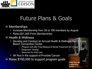Future Plans & Goals Memberships Increase Membership from 35 to 100 members by August Raise $21,000 From Memberships  Health & Wellness Develop and Conduct an Annual Health & Wellness Day at Long Beach Convention Center Program will offer Free Medical & Dental Treatment for 2 Days Diagnostic Testing Seminars for child care 5K Run in the support of Prostate Cancer Raise $100,000 to support program goals 